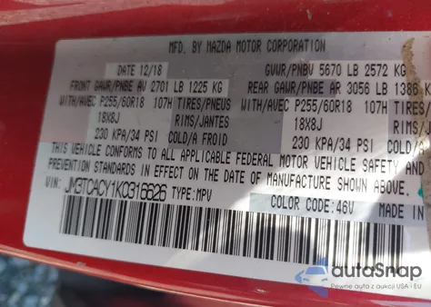 2019 Mazda Cx-9 Touring из США, поврежденный, VIN JM3TCACY1K0316626